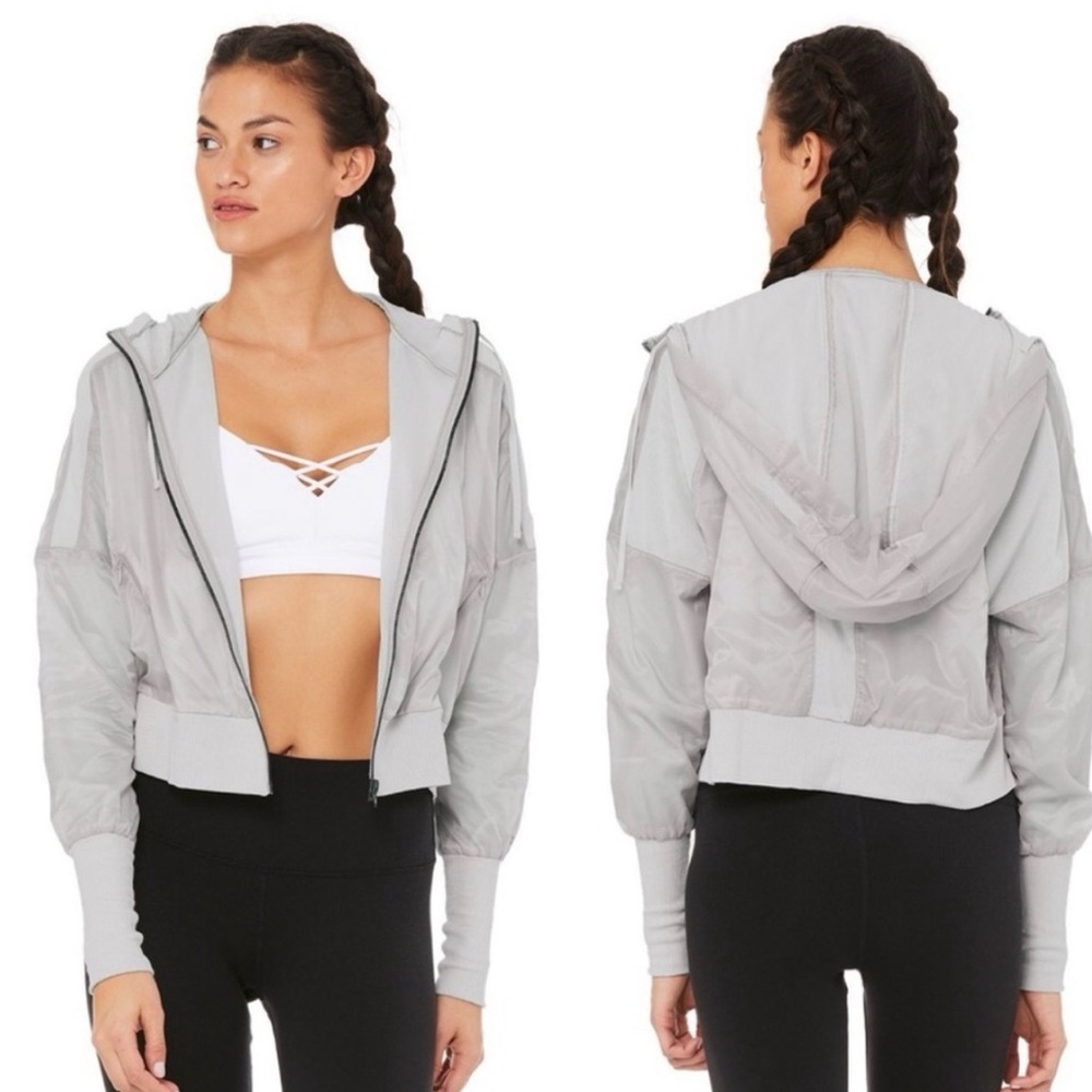 Alo Yoga Aqua Jacket Gray Mesh Inserts Hooded Slightly Cropped Jacket Size: M